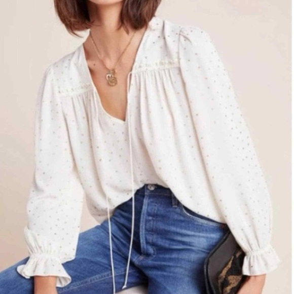 Current Air Bristol Gold Dot Sparkle Tie-Neck Blouse Cream, Anthropologie, Sz M - Picture 2 of 11